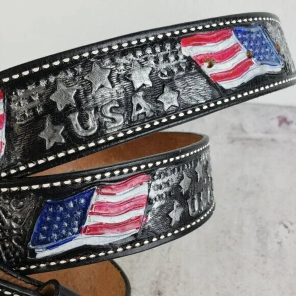 Vintage Leather Belt Tooled Painted Patriotic USA Flag size 38 Stars & Stripes